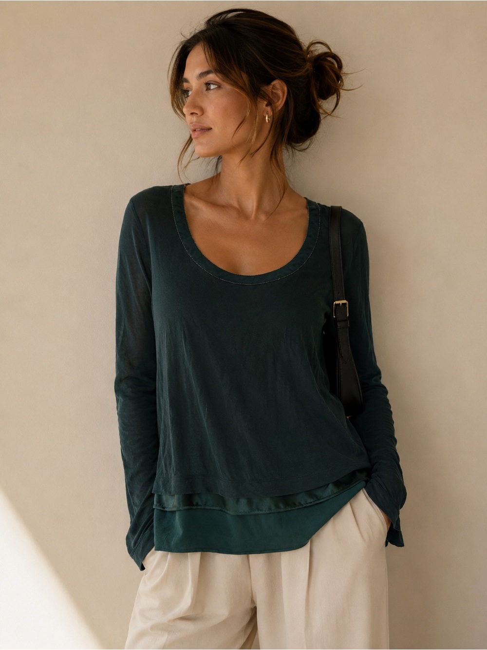 White House Black Market Layered Scoop-Neck Long Sleeve Top - Deep Green Sz M